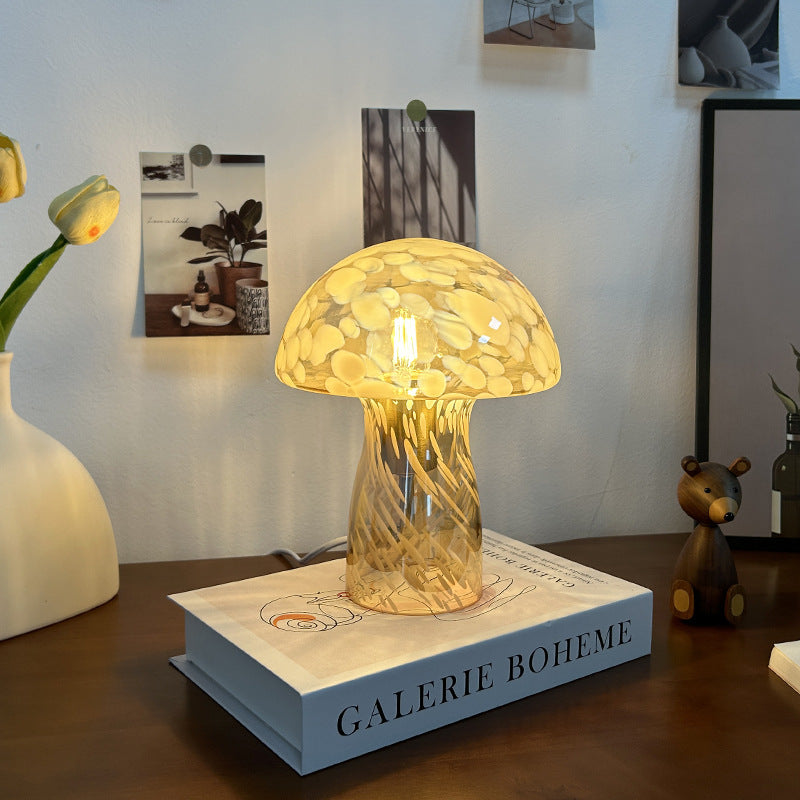 Yellow Charming Retro Glass Mushroom Table Lamp - Vintage Nordic Style Bedside Light