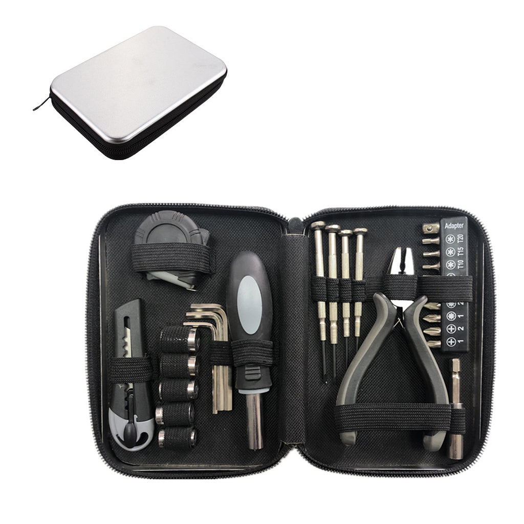 Compact Household Tool Kit Set in Tin Box - Screwdriver, Sockets, Hex Keys & More