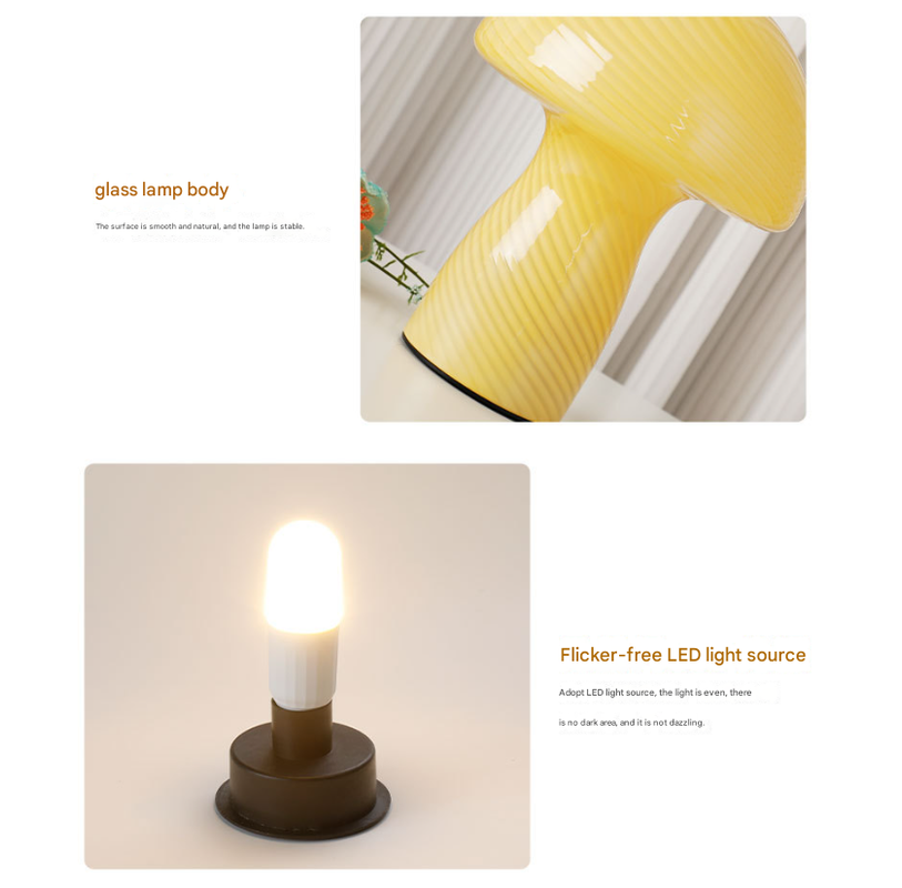 Stripe-Pure Yellow Retro Swirl Glass Mushroom Table Lamp - LED Bedside Night Light