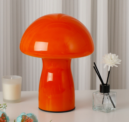 Stripe-Pure Orange Retro Swirl Glass Mushroom Table Lamp - LED Bedside Night Light
