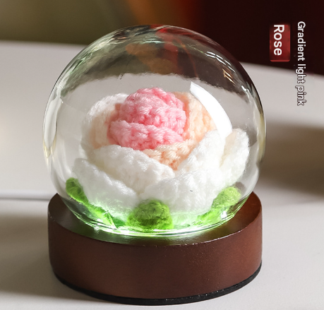Gradient Light Pink Rose Knitted Flower LED Dome Lamp - USB Touch 3-Color Night Light