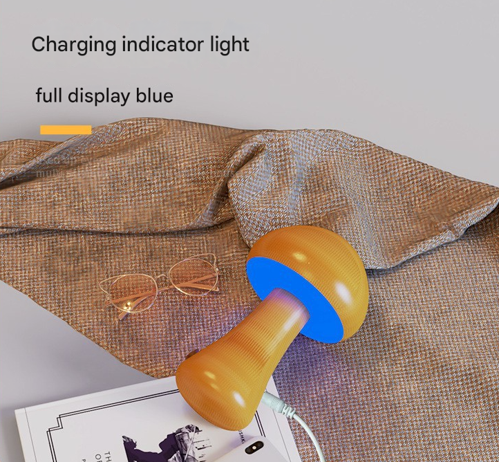 Brown Solid Wood Mushroom LED Table Lamp - Rechargeable Touch Control Bedside Night Light (Large)