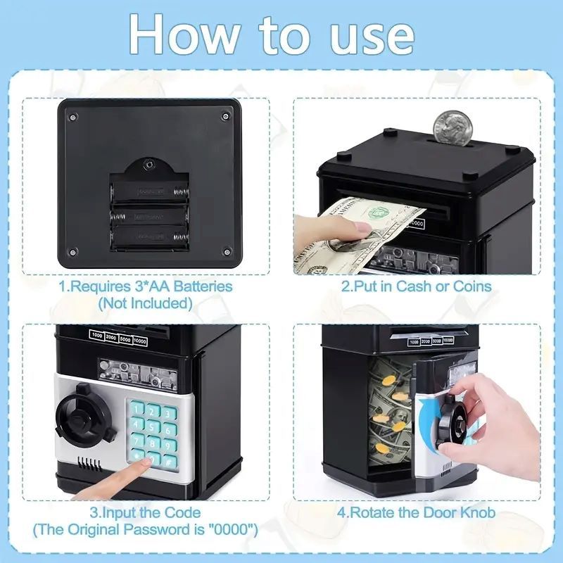Black Children's Mini Safe Piggy Bank with Fingerprint and Password Lock