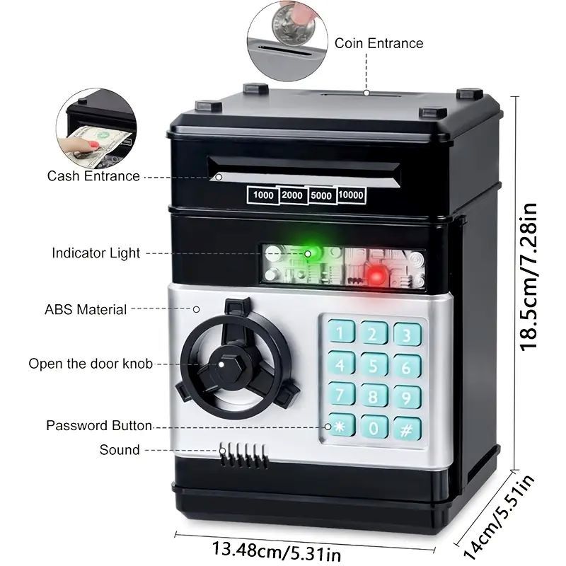 Black Children's Mini Safe Piggy Bank with Fingerprint and Password Lock
