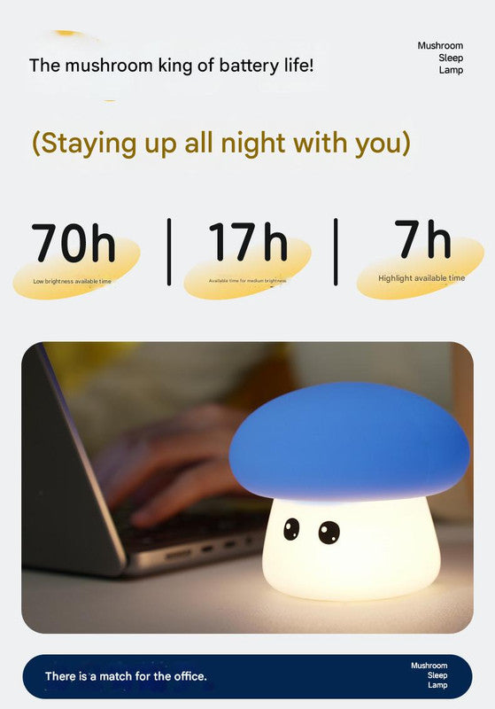 Cute Mushroom Silicone Night Light - Tap Control, 3 Brightness Levels & 7-Option Mode(Blue)
