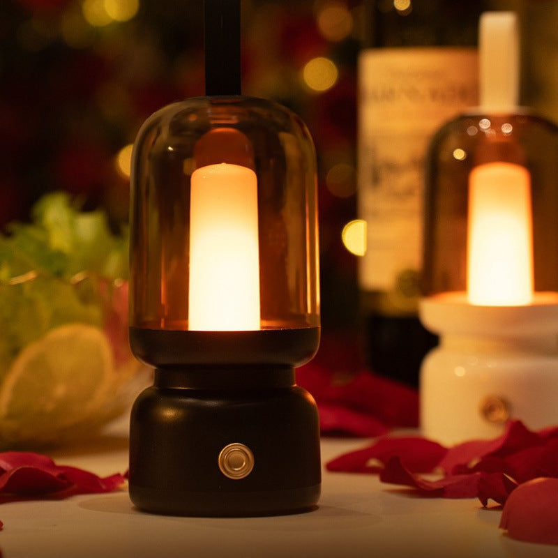Retro Candle Flame Effect LED Lantern - USB-C Rechargeable, Portable with Silicone Handle(black)