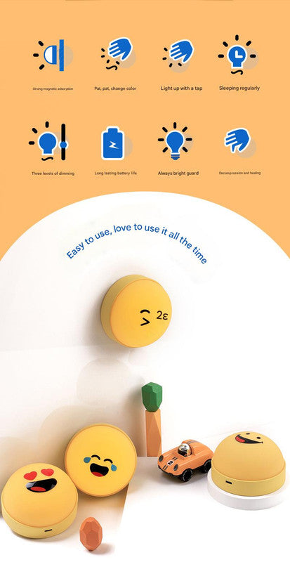 Fun Emoji LED Night Light - Tap Control, 7 Changing Options, 3 Brightness Levels & Magnetic Mount(Smiling emoticon)