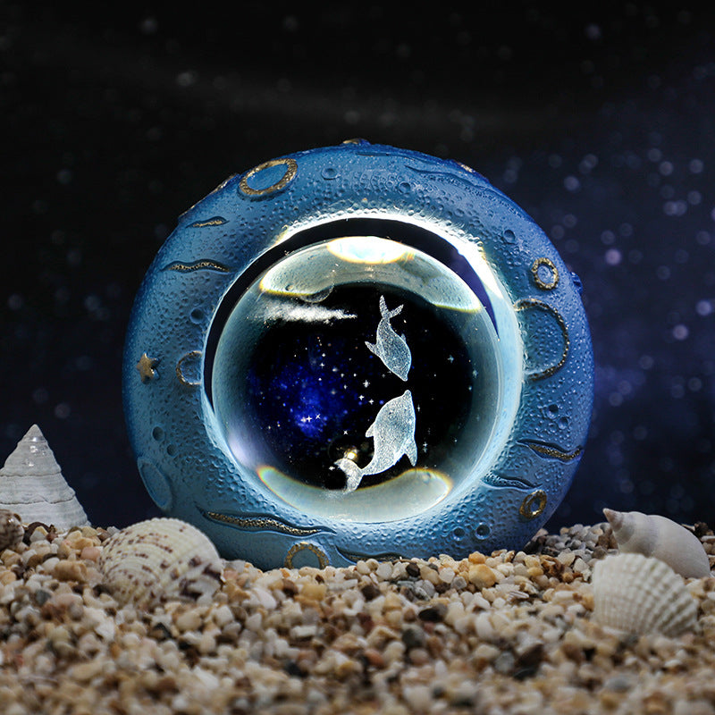 Celestial Ring LED Crystal Ball Lamp - 3D Engraving, Unique Gift (Dolphin companion)