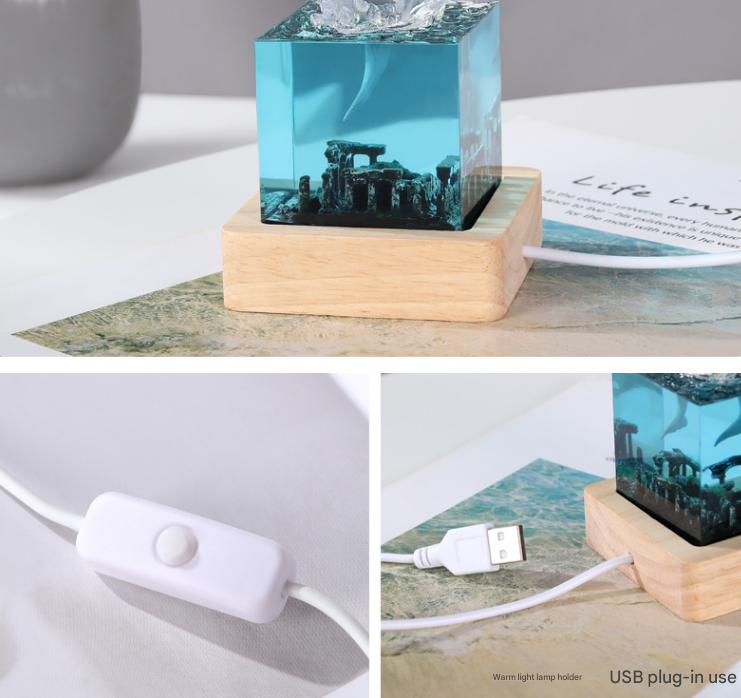 Unique Handmade Epoxy Resin Lamp - Marine Life Diorama, USB Light, Ocean Decor Gift (Spray gray dolphin model)