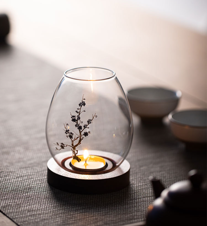 Windproof Glass Candle Cover with Wood Base - For Tealights, Zen Home Accent (Plum blossom candlestick)