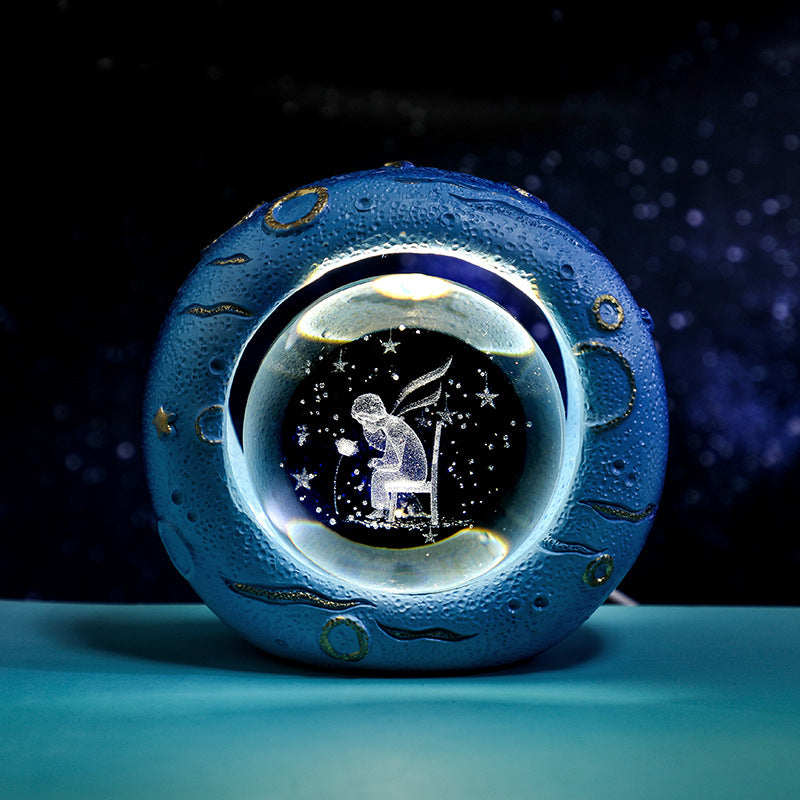 Celestial Ring LED Crystal Ball Lamp - 3D Engraving, Unique Gift (Little Prince Rose)