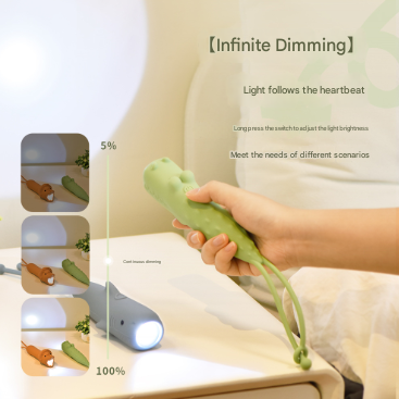 Green Adorable Crocodile Silicone LED Flashlight for Kids - USB Rechargeable, Dimmable Brightness, Portable Night Light