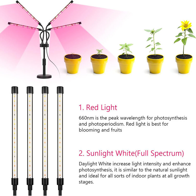 Black Adjustable 5-Head LED Grow Light - Full Spectrum Desktop Plant Lamp with Telescopic Stand, USB Powered for Indoor Seedlings & Flowers