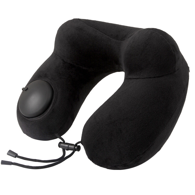 Black Press-to-Inflate Travel Neck Pillow - Ergonomic U-Shaped Cushion for Airplane and Car