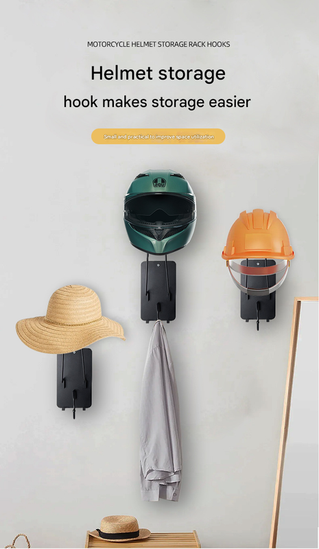 Iron Wall Mounted Motorcycle Helmet Holder - Heavy-Duty Gear Rack with Jacket Hook for Helmets, Coats & Accessories