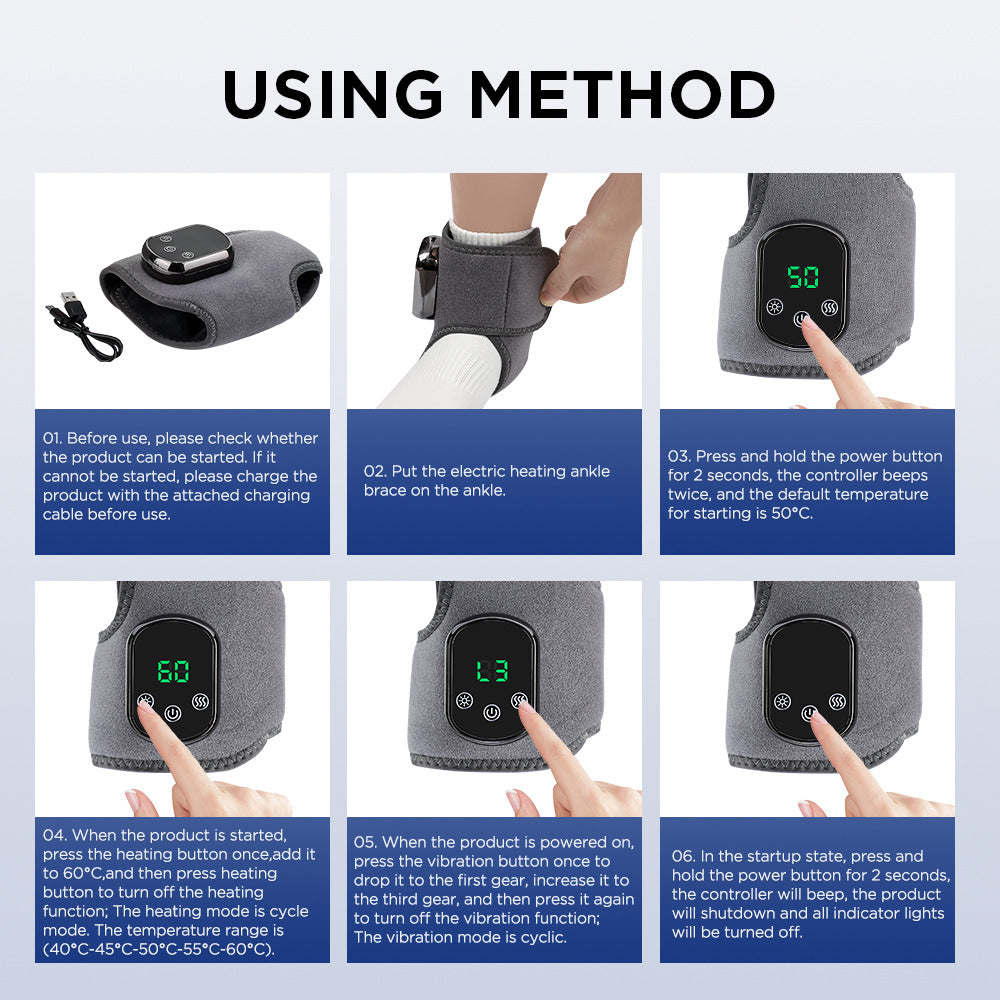 Rechargeable Electric Heating Ankle Brace with Vibration Massage - 5 Heat Levels & 3 Massage Modes(Grey)