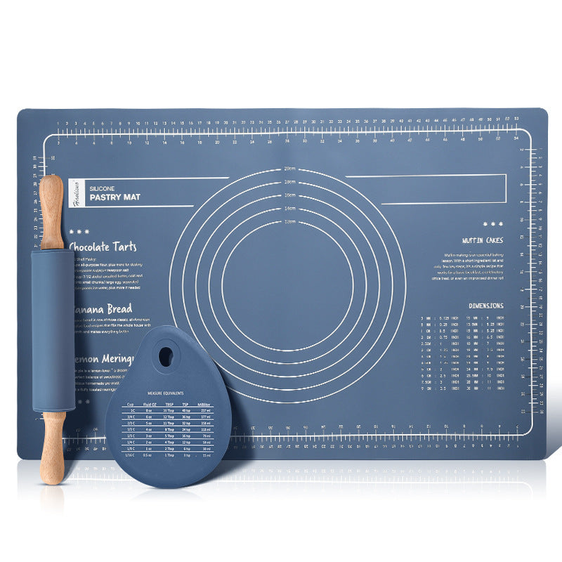 Dark Blue 3-Piece Silicone Baking Set - Non-Stick Pastry Mat with Measurements, Rolling Pin & Dough Scraper
