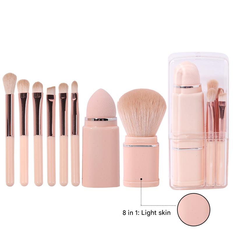 Lighgt Pink Compact 8-in-1 Makeup Brush Set - Portable Travel Kit with Retractable Brushes and Case