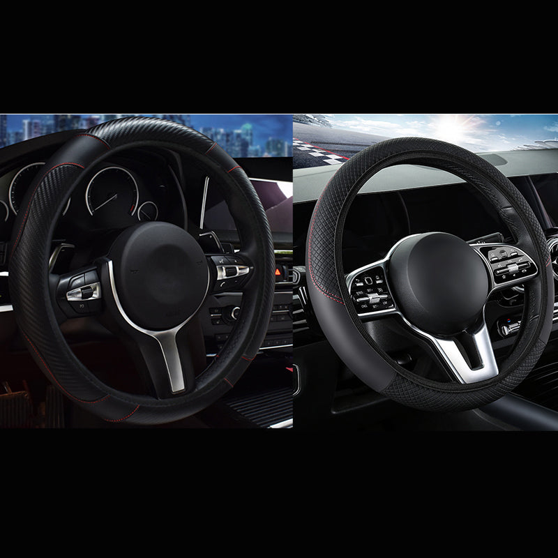 2-Pack (Type A + Type B)Black Sporty Carbon Fiber Leather Steering Wheel Cover - Universal 38cm Easy-Fit Elastic Grip