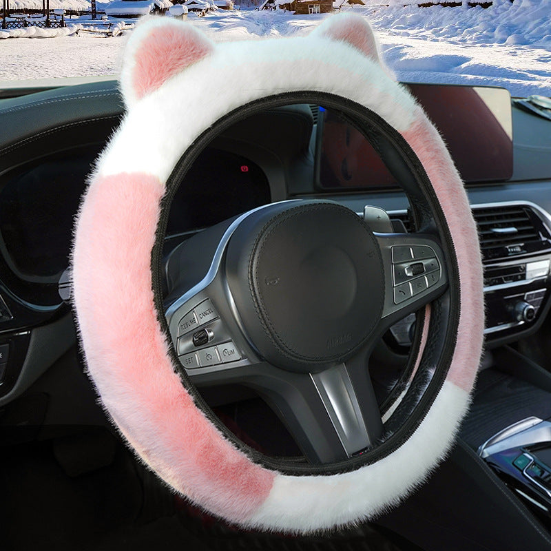 Pink Stitching White Plush Cat Ear Steering Wheel Cover - Cute & Fuzzy Winter Grip, Universal 38cm Fit