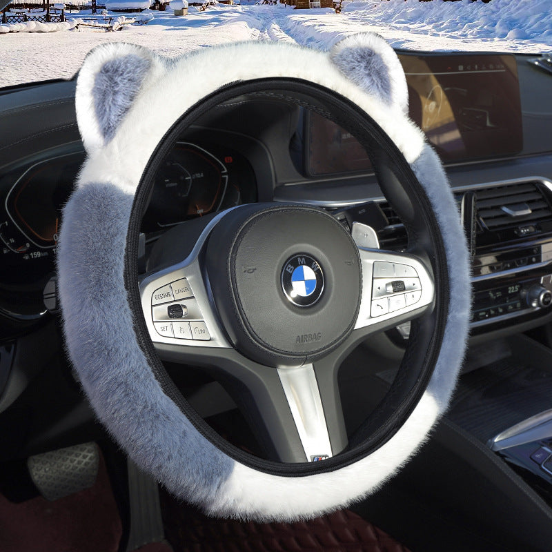 Blue Stitching White Plush Cat Ear Steering Wheel Cover - Cute & Fuzzy Winter Grip, Universal 38cm Fit