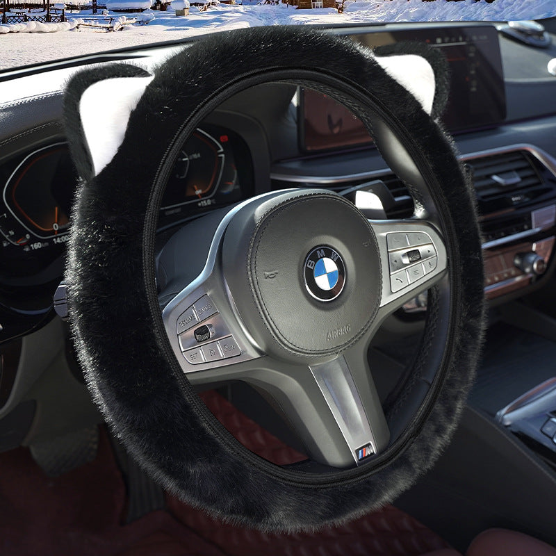 Black Plush Cat Ear Steering Wheel Cover - Cute & Fuzzy Winter Grip, Universal 38cm Fit