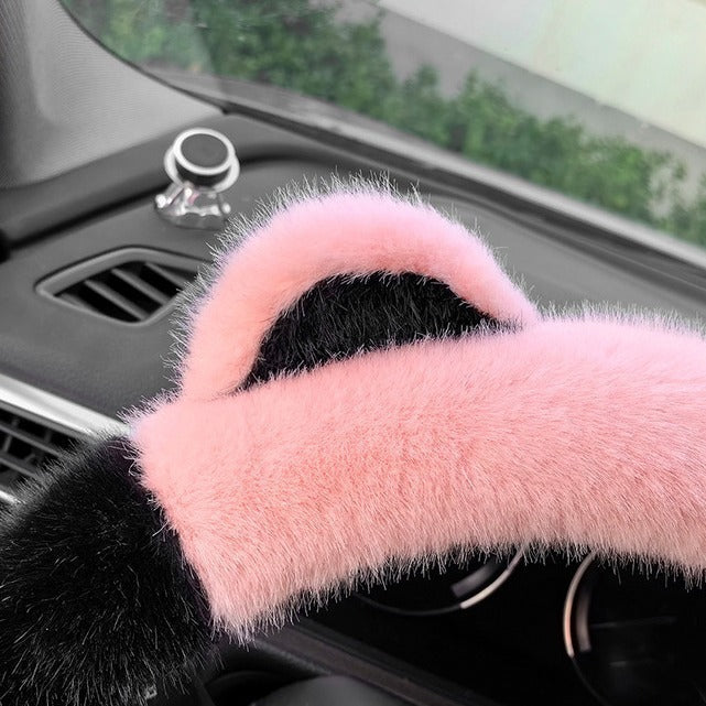 Black Plush Cat Ear Steering Wheel Cover - Cute & Fuzzy Winter Grip, Universal 38cm Fit