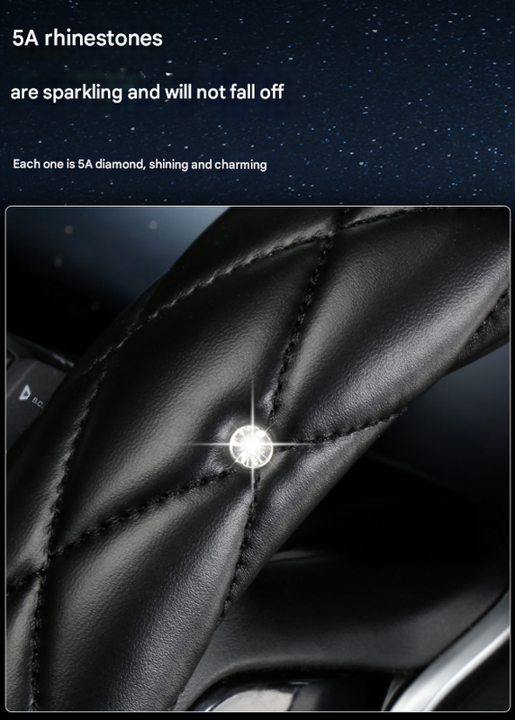 White Luxury Bling Steering Wheel Cover - Black Quilted Leather with Crystal Rhinestones, Universal 38cm Fit