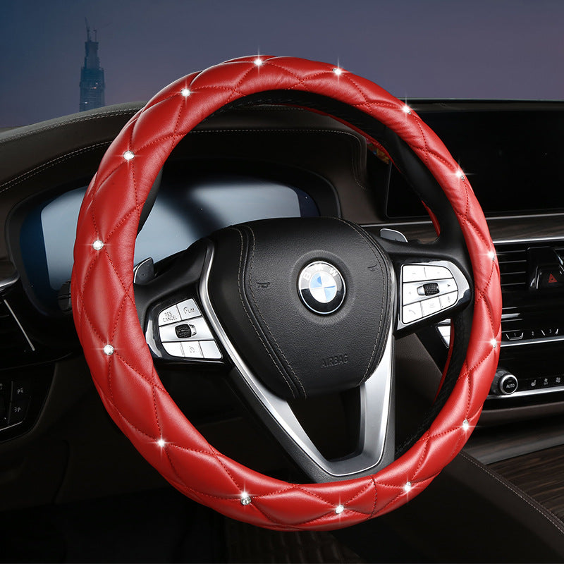 Red Luxury Bling Steering Wheel Cover - Black Quilted Leather with Crystal Rhinestones, Universal 38cm Fit