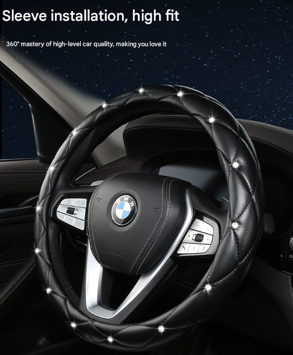 Red Luxury Bling Steering Wheel Cover - Black Quilted Leather with Crystal Rhinestones, Universal 38cm Fit