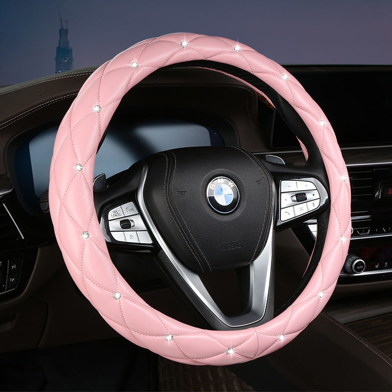 Pink Luxury Bling Steering Wheel Cover - Black Quilted Leather with Crystal Rhinestones, Universal 38cm Fit