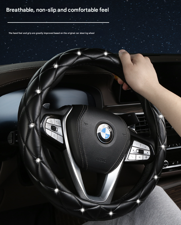 Pink Luxury Bling Steering Wheel Cover - Black Quilted Leather with Crystal Rhinestones, Universal 38cm Fit